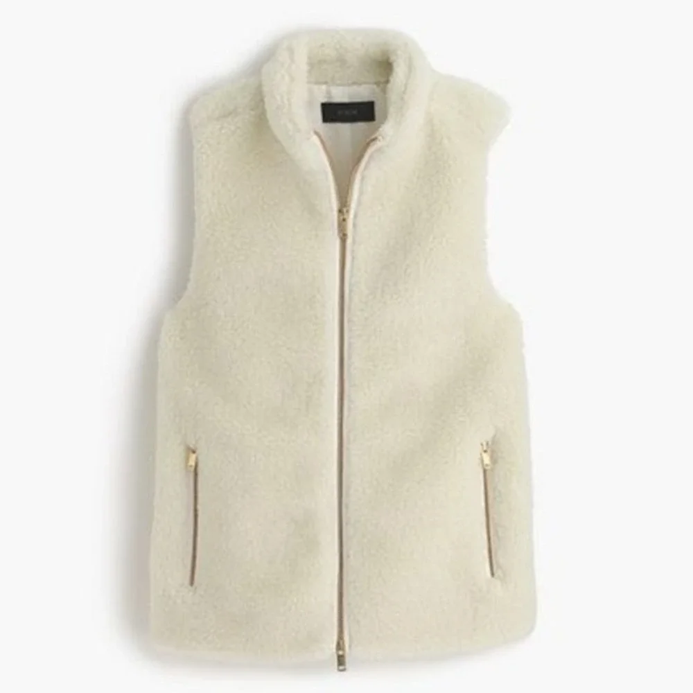 J Crew Sherpa Fleece Vest Cream Gold Zip Pockets Stand Collar Women's‎ L